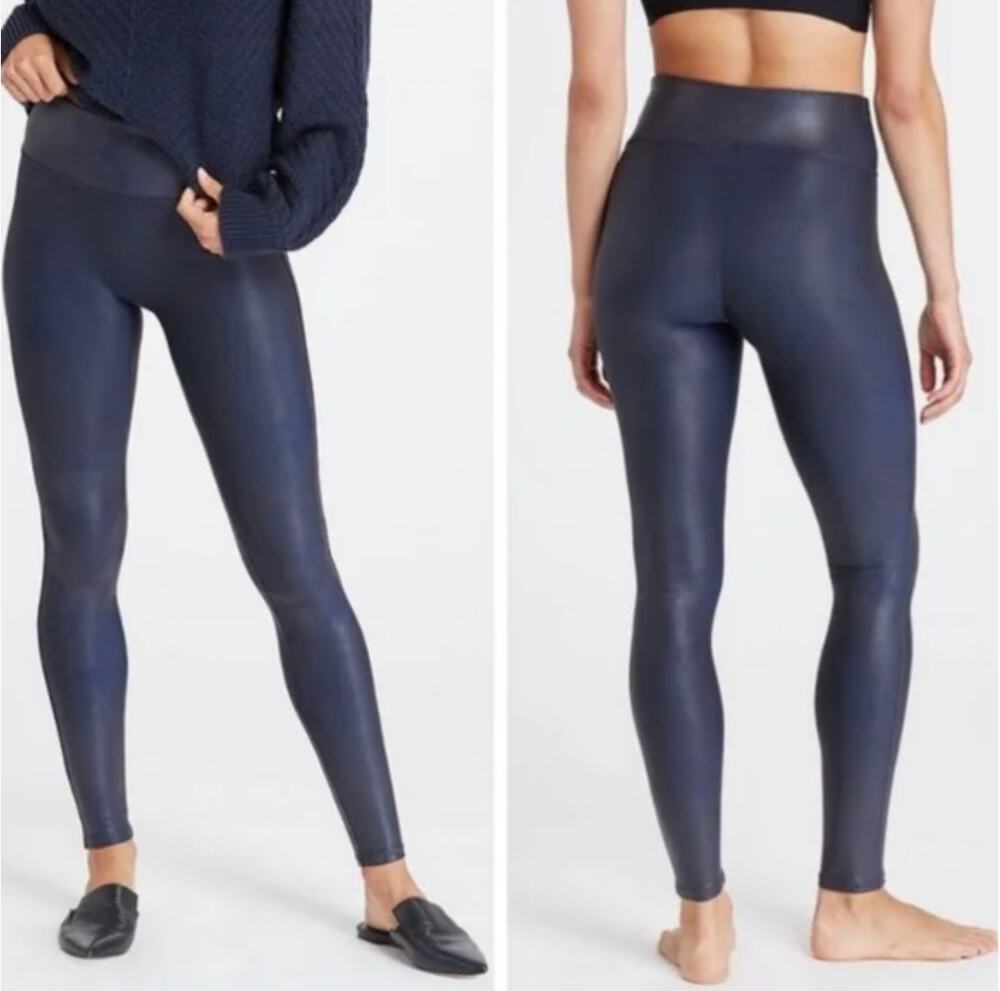 SPANX Leather Nights Metallic Leggings Navy Blue XS